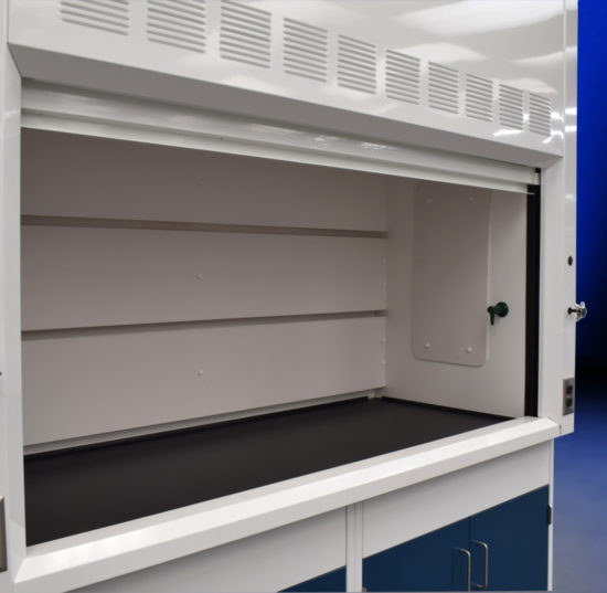 6′ Fisher American Fume Hood w/ 4′ Acid Cabinets Inside View