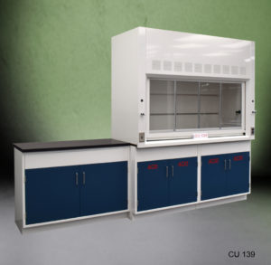 6′ Fisher American Fume Hood w/ 4′ Acid Storage Cabinets Alt Angle View