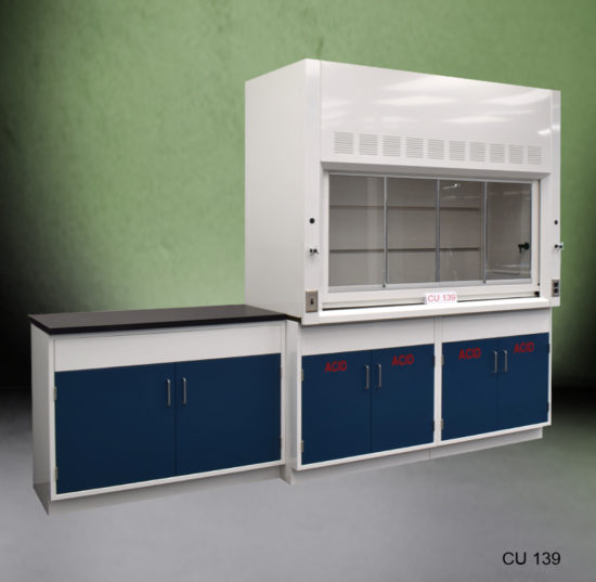 6′ Fisher American Fume Hood w/ 4′ Acid Storage Cabinets Alt Angle View