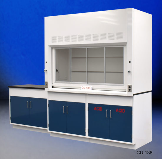 6′ Fisher American Fume Hood w/ 4′ Acid Cabinets CU 138 Angle View