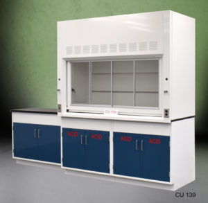 6′ Fisher American Fume Hood w/ 4′ Acid Storage Cabinets Angled Front View