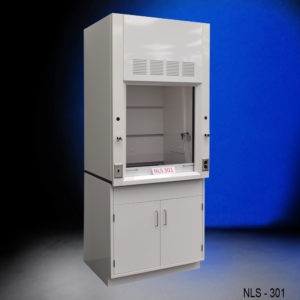 3′ Fisher American Fume Hood w/ General Cabinets open with cabinet doors closed