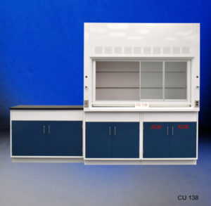 6′ Fisher American Fume Hood w/ 4′ Acid Cabinets Front View Partial Closed