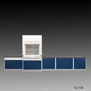 4' Fisher American Fume Hood w/ 14' Cabinets Partially Open
