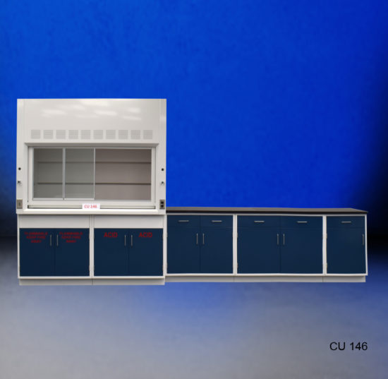 6′ Fisher American Fume Hood w/ Flammable & Acid Storage and Open 9′ Laboratory Cabinets