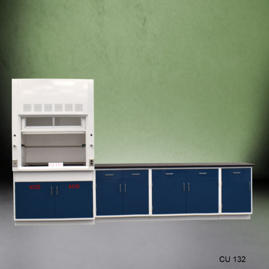 4′ Fisher American Fume Hood w/ Acid Storage & 9′ Cabinets