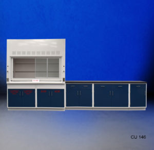 6′ Fisher American Fume Hood w/ Flammable & Acid Storage and 9′ Blue Laboratory Cabinets