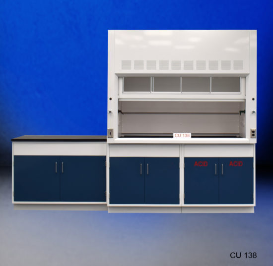 6′ Fisher American Fume Hood w/ 4′ Acid Cabinets Partially Closed Blue Background