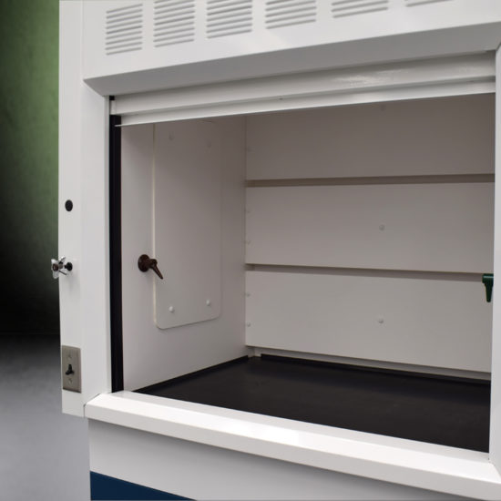 4′ Fisher American Fume Hood w/ Flammable Storage & 14′ Cabinets Inside Hood