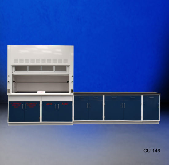 6′ Fisher American Fume Hood w/ Flammable & Acid Storage and 9′ Laboratory Cabinets Partially Open