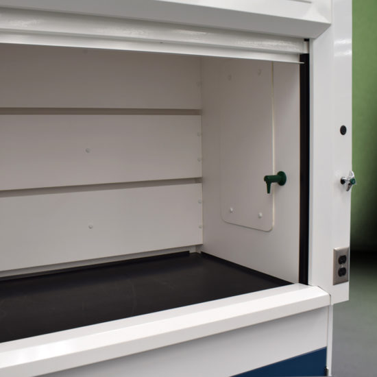 4′ Fisher American Fume Hood w/ Acid Storage & 9′ Cabinets Inside