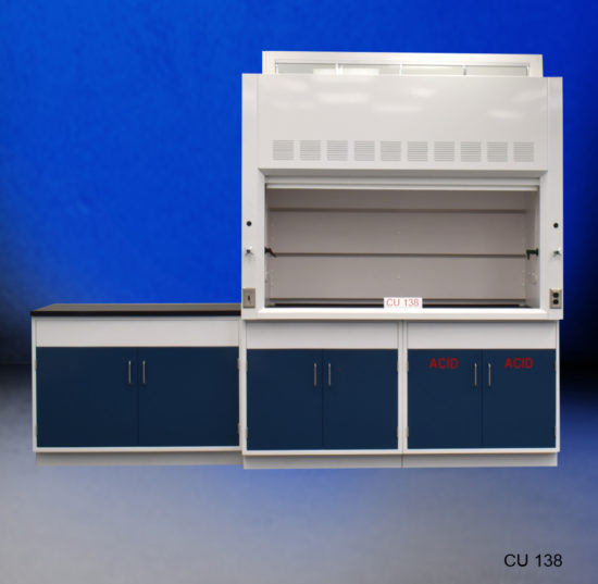 6′ Fisher American Fume Hood w/ 4′ Acid Cabinets Blue Background