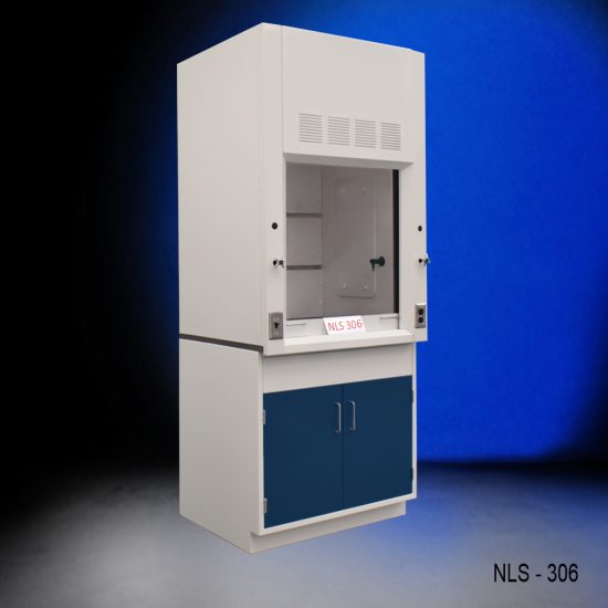 Angled view of Fisher American 3 Foot Fume Hood with blue cabinet