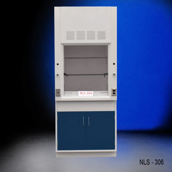 Front view of Fisher American 3 Foot Fume Hood with blue cabinet