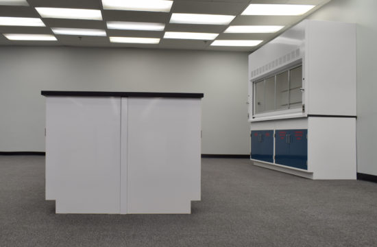 Laboratory island with desk area and black countertop.