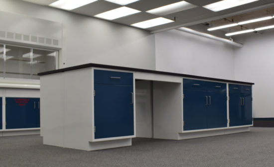 Laboratory island with desk area and black countertop.