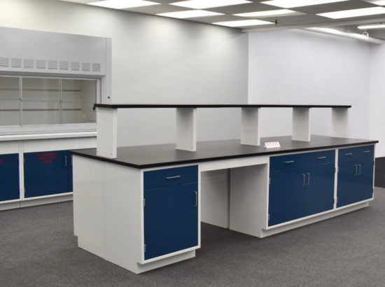 Laboratory island with desk area and center shelf.