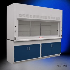 Angled view of 8 Foot Fisher American Fume Hood with two general storage cabinets
