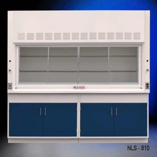 Front view of 8 Foot Fisher American Fume Hood with two general storage cabinets