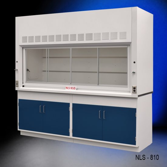 Front view of 8 Foot Fisher American Fume Hood with two general storage cabinets. Sash is closed.