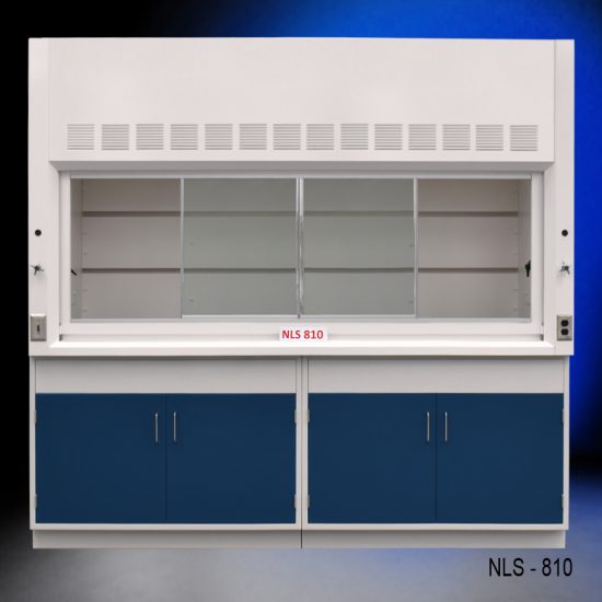 Front view of 8 Foot Fisher American Fume Hood with two general storage cabinets