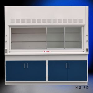 Front view of 8 Foot Fisher American Fume Hood with two general storage cabinets
