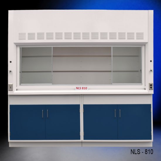 Front view of 8 Foot Fisher American Fume Hood with two general storage cabinets