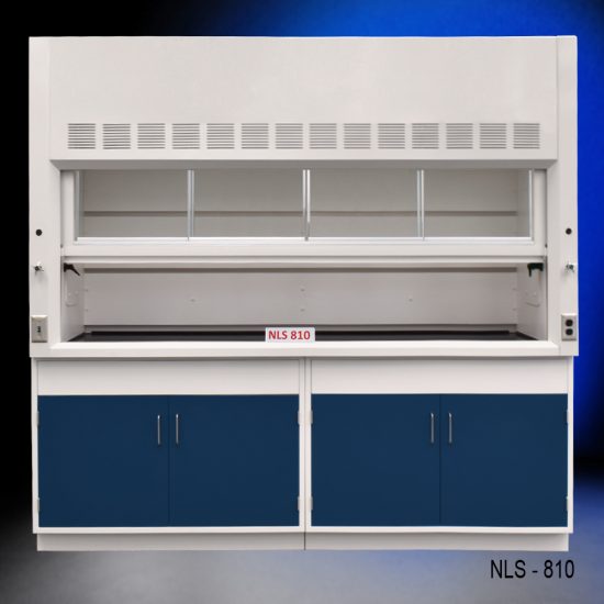 Front view of 8 Foot Fisher American Fume Hood with two general storage cabinets. Sash is partially open.