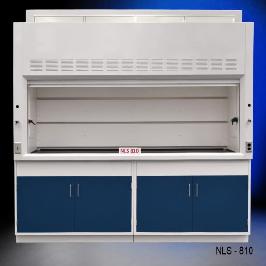 Front view of 8 Foot Fisher American Fume Hood with two general storage cabinets