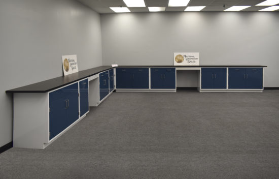 Blue laboratory cabinets with desk area.