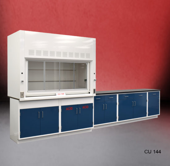 Fume hood and laboratory cabinet combination with two blue acid storage cabinets.