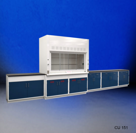 Front view of used fume hood with acid cabinets with blue background from National Laboratory Sales.