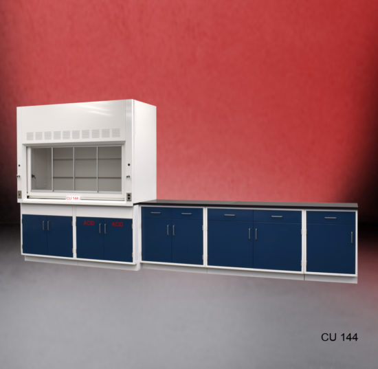 Fume hood and laboratory cabinet combination with two blue acid storage cabinets.