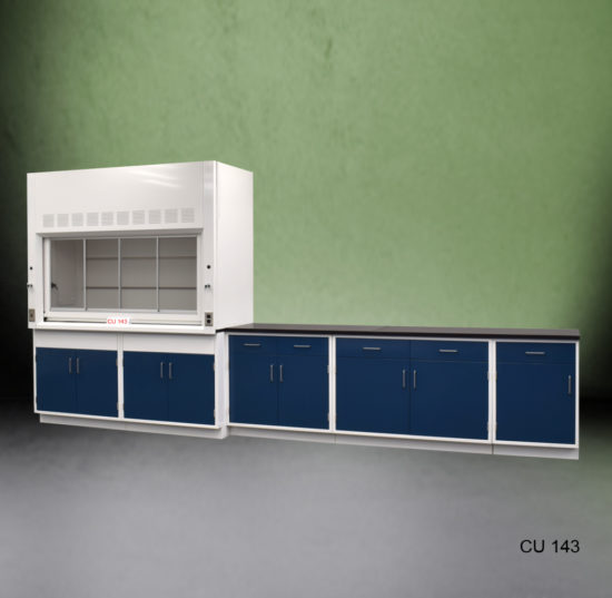 Fume hood and laboratory cabinet combination with blue storage cabinets.