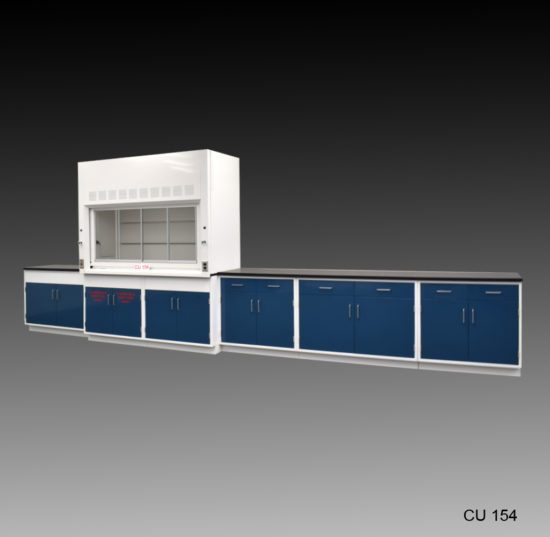 Fume hood and cabinet combination with blue flammable cabinets.