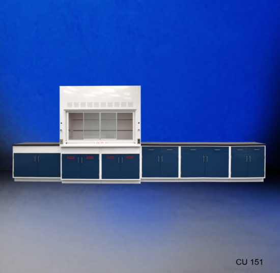 Front view of used fume hood with acid cabinets with blue background from National Laboratory Sales.
