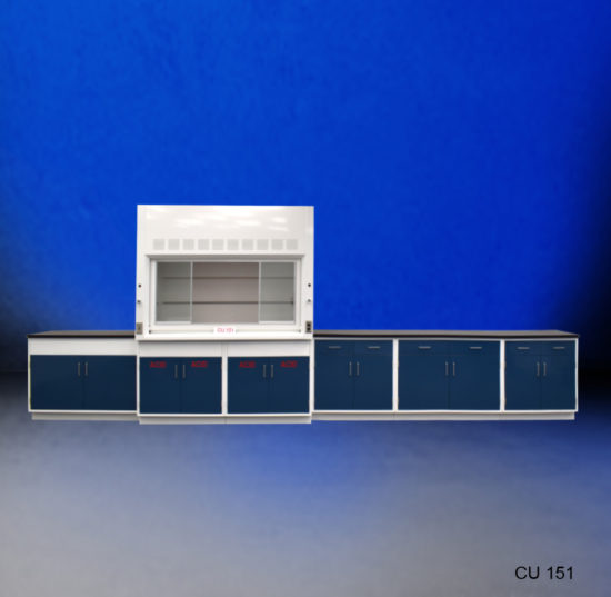 Front view of used fume hood with acid cabinets with blue background from National Laboratory Sales.