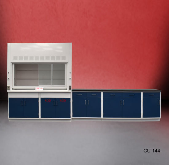 Fume hood and laboratory cabinet combination with two blue acid storage cabinets.