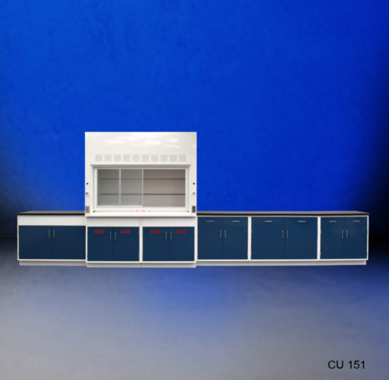 Front view of used fume hood with acid cabinets with blue background from National Laboratory Sales.