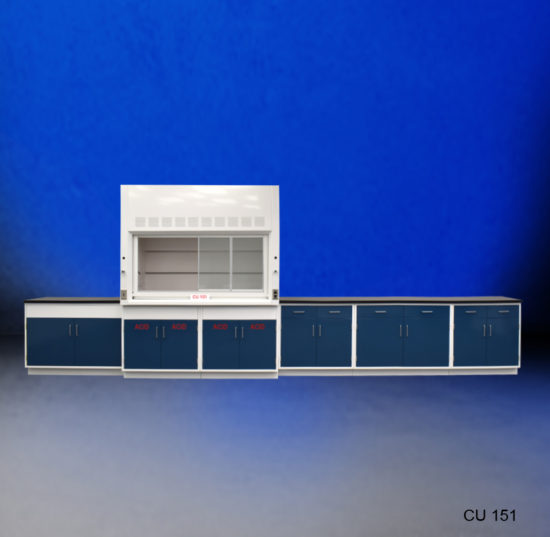 Front view of used fume hood with acid cabinets with blue background from National Laboratory Sales.