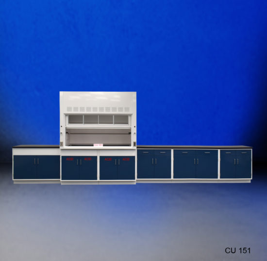Front view of used fume hood with acid cabinets with blue background from National Laboratory Sales.