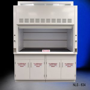 Front view of 8' x 4' Fisher American Fume Hood with two flammable cabinets