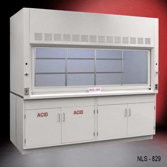 Angled view of an 8 Foot x 4 Foot Fisher American Fume Hood with one acid cabinet and one general storage cabinet