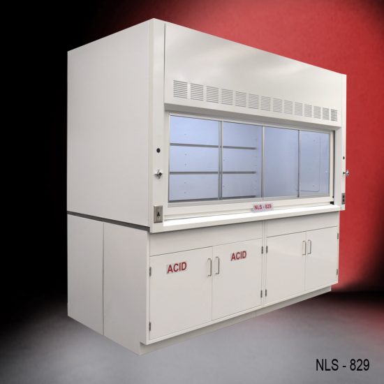 Angled view of an 8 Foot x 4 Foot Fisher American Fume Hood with one acid cabinet and one general storage cabinet