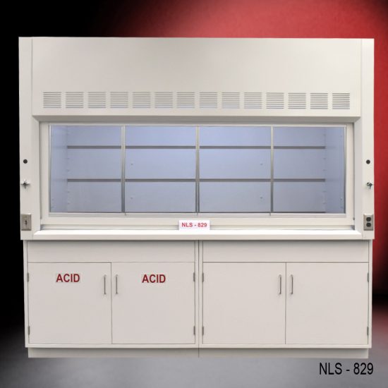 Front view of an 8 Foot x 4 Foot Fisher American Fume Hood with one acid cabinet and one general storage cabinet