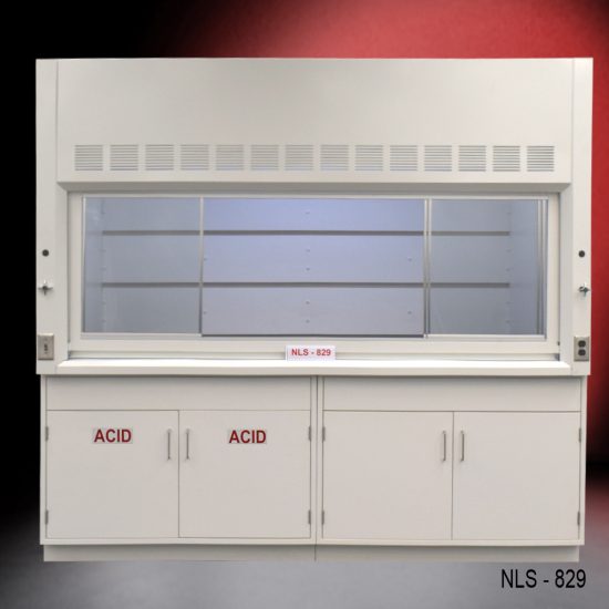 Front view of an 8 Foot x 4 Foot Fisher American Fume Hood with one acid cabinet and one general storage cabinet