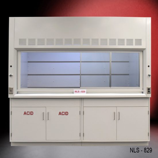 Front view of an 8 Foot x 4 Foot Fisher American Fume Hood with one acid cabinet and one general storage cabinet