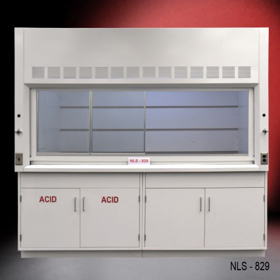 Front view of an 8 Foot x 4 Foot Fisher American Fume Hood with one acid cabinet and one general storage cabinet