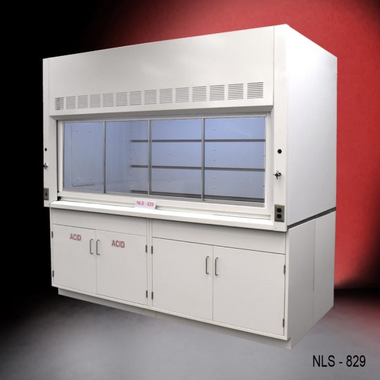 Angled view of an 8 Foot x 4 Foot Fisher American Fume Hood with one acid cabinet and one general storage cabinet