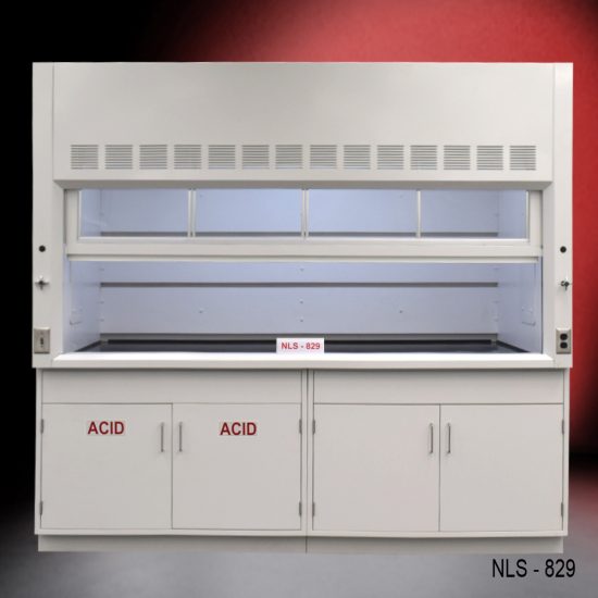 Front view of an 8 Foot x 4 Foot Fisher American Fume Hood with one acid cabinet and one general storage cabinet